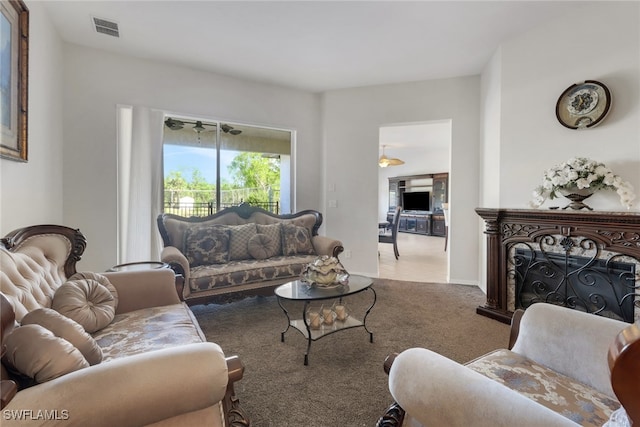 living room with light colored carpet