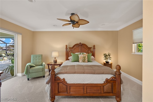 bedroom featuring access to exterior, light carpet, multiple windows, and ceiling fan