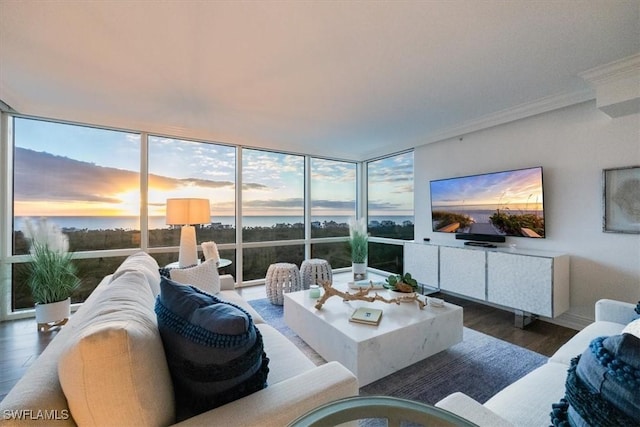 7515 Pelican Bay Blvd Unit 14A, Naples, FL 34108 - living room featuring wood finished floors, ornamental molding, and floor to ceiling windows