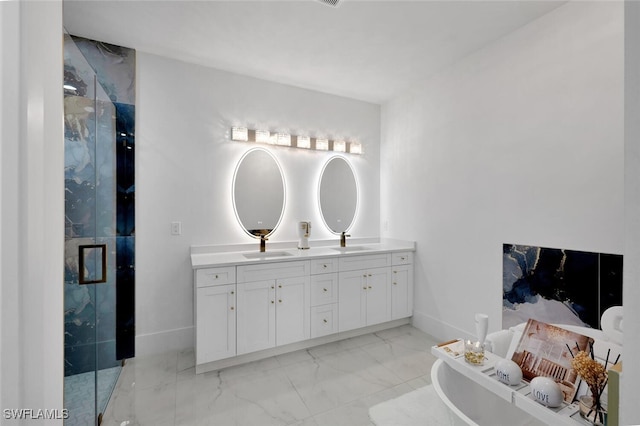 bathroom with vanity and plus walk in shower