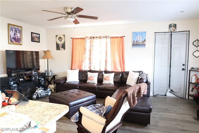 living room featuring hardwood / wood-style flooring and ceiling fan