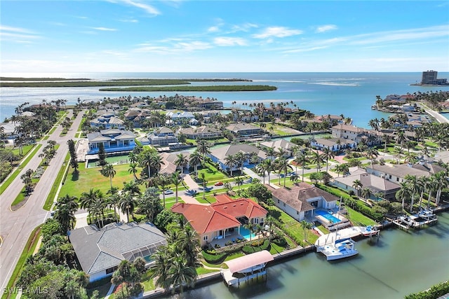 aerial view featuring a water view