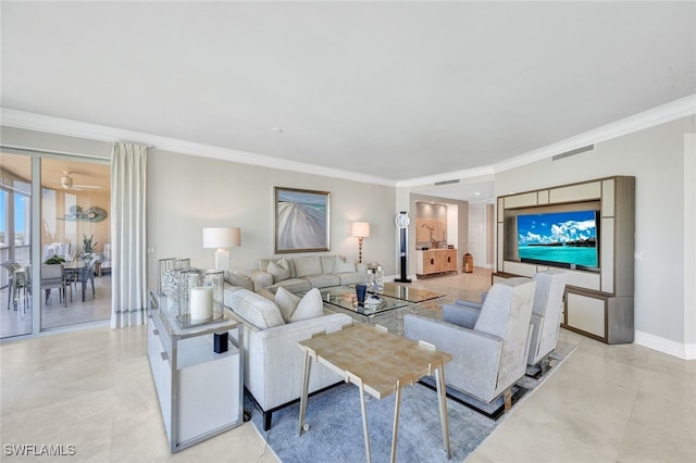 living room featuring ornamental molding