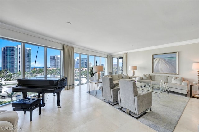 living room with plenty of natural light and ornamental molding