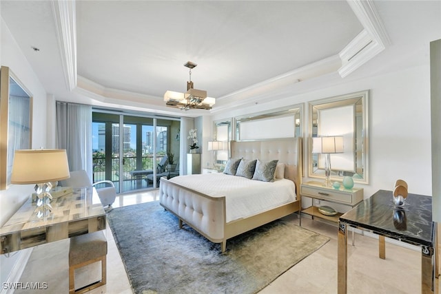 bedroom with a raised ceiling, crown molding, a chandelier, and access to outside