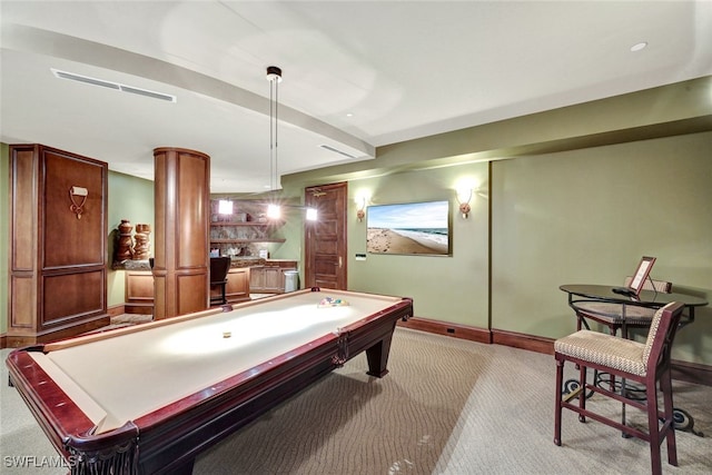 playroom featuring light carpet and pool table