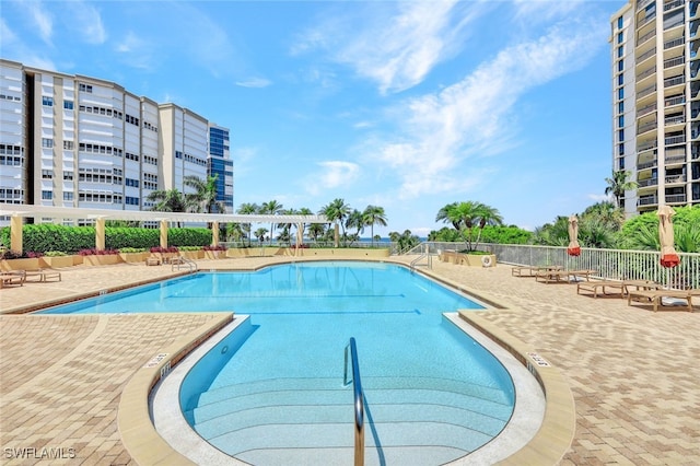 view of swimming pool featuring a patio