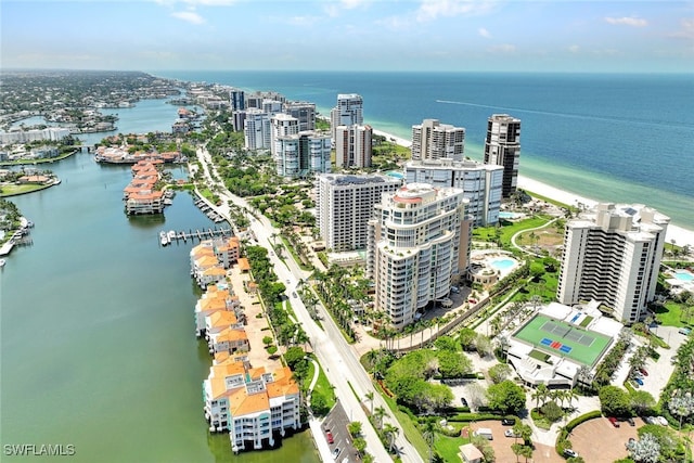 aerial view featuring a water view