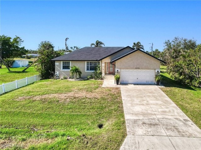 single story home featuring a front lawn and a garage