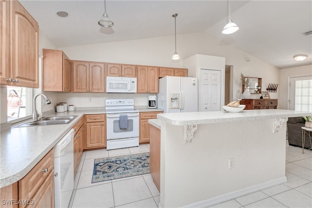 kitchen with plenty of natural light, lofted ceiling, decorative light fixtures, white appliances, and a kitchen island