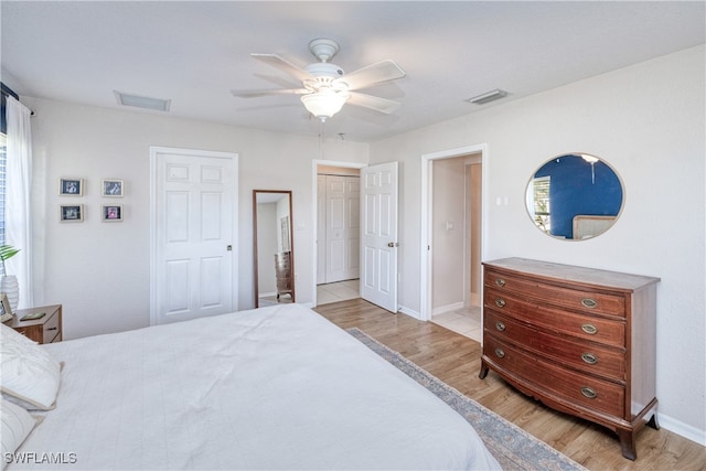 bedroom featuring ceiling fan and light hardwood / wood-style flooring