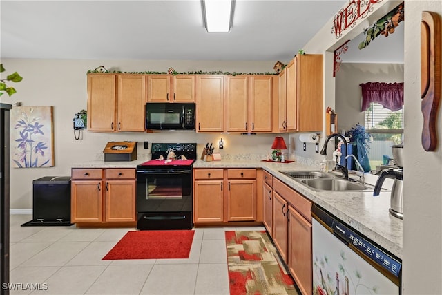 kitchen with black appliances, light brown cabinets, light tile patterned floors, and sink