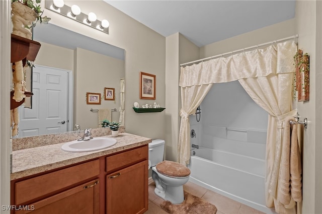 full bathroom featuring tile patterned flooring, vanity, shower / bath combination with curtain, and toilet