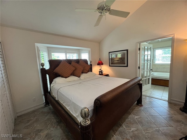 bedroom with high vaulted ceiling, ceiling fan, and connected bathroom