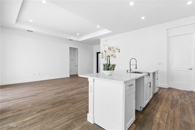 kitchen featuring a center island with sink, white cabinets, sink, and dark wood-type flooring