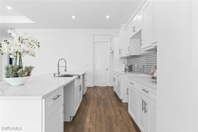 kitchen with white cabinets, dark hardwood / wood-style flooring, light stone countertops, and sink