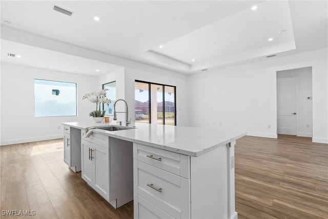 kitchen with a center island with sink, white cabinets, dark hardwood / wood-style floors, and sink