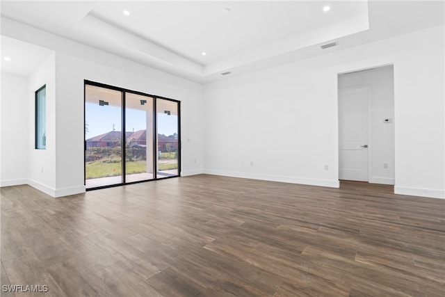 spare room with wood-type flooring and a tray ceiling