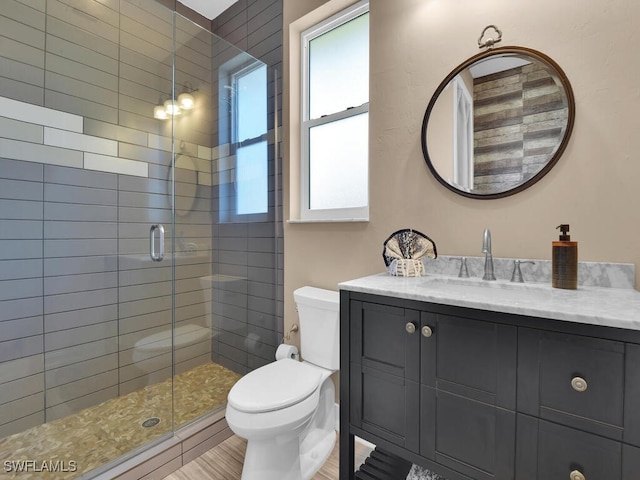 bathroom with hardwood / wood-style floors, vanity, toilet, and walk in shower