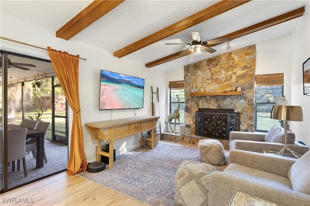 living room with a stone fireplace, ceiling fan, hardwood / wood-style floors, and a healthy amount of sunlight