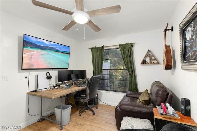 office area with ceiling fan and light hardwood / wood-style flooring