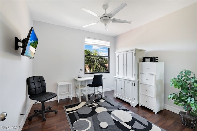 office with ceiling fan and dark hardwood / wood-style floors