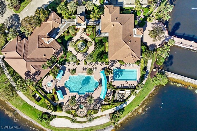 aerial view featuring a water view