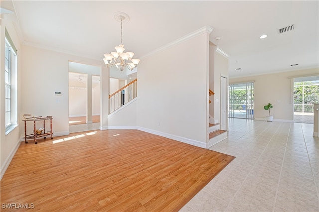 interior space featuring stairs, crown molding, and visible vents