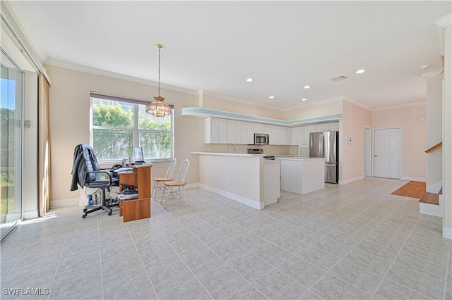 kitchen with visible vents, ornamental molding, stainless steel appliances, light countertops, and baseboards