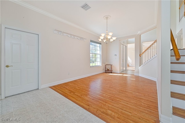 unfurnished room featuring visible vents, ornamental molding, stairway, baseboards, and a chandelier