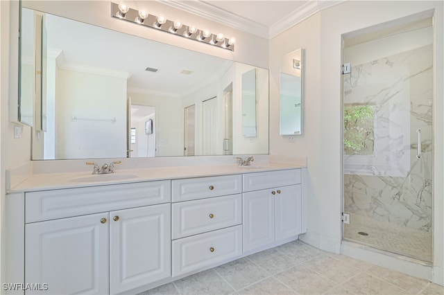 full bathroom featuring a sink, a marble finish shower, double vanity, and crown molding