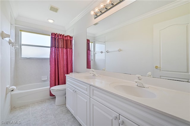 full bath featuring toilet, ornamental molding, visible vents, and a sink