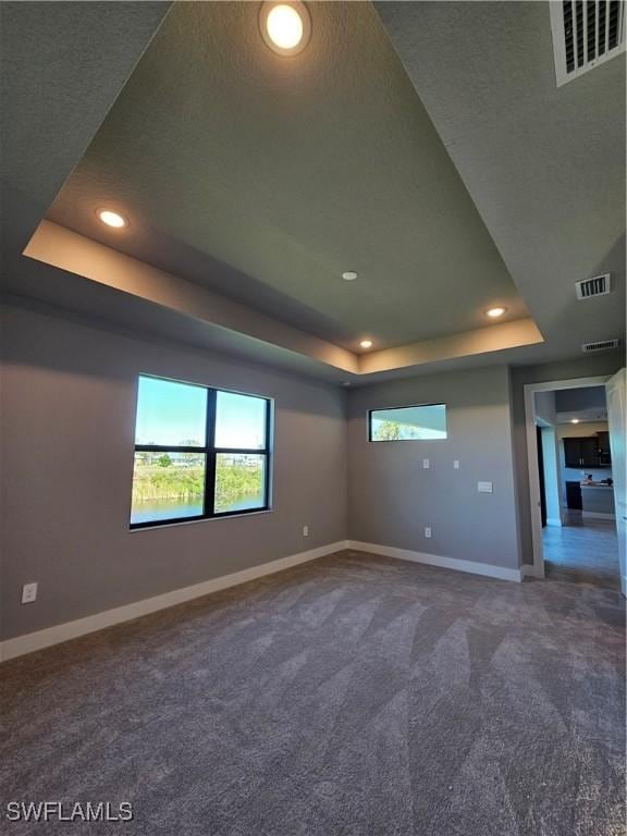 empty room with a textured ceiling, carpet floors, and a tray ceiling