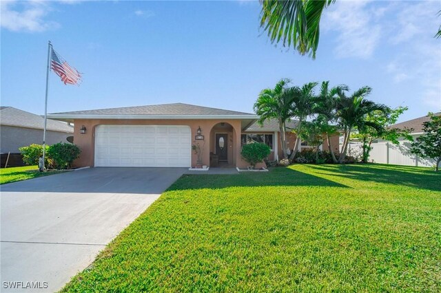 ranch-style house with a front lawn and a garage