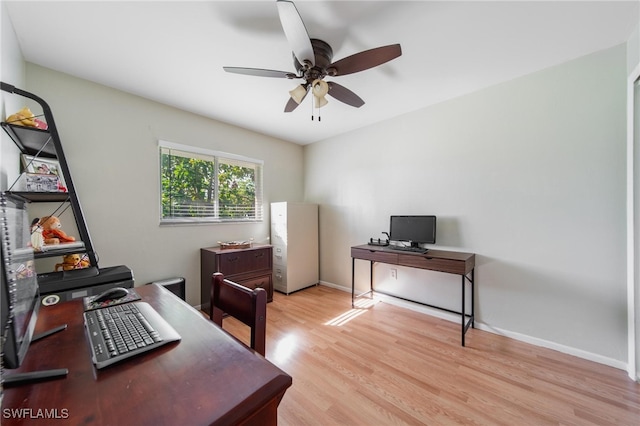 office with ceiling fan and light hardwood / wood-style floors