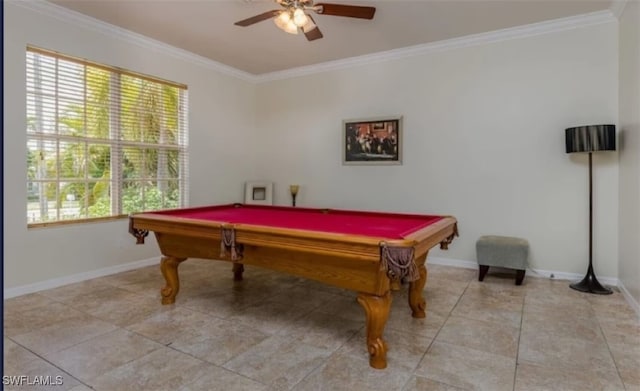 game room with ceiling fan, ornamental molding, and pool table