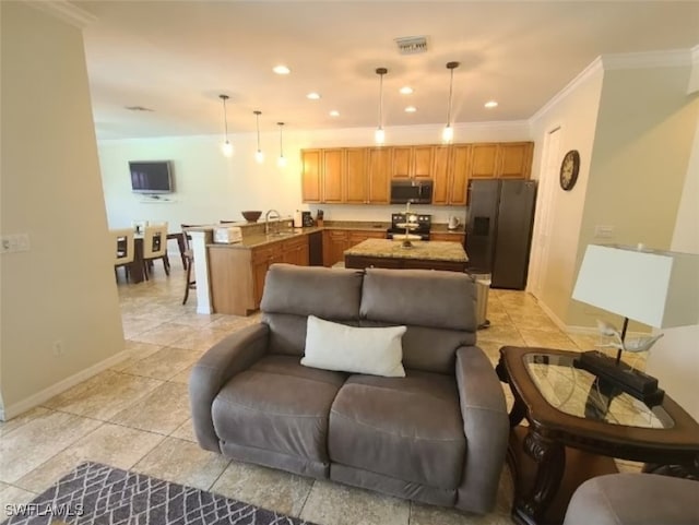 living room with ornamental molding