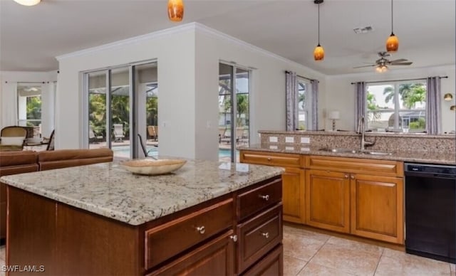 kitchen featuring ceiling fan, crown molding, sink, decorative light fixtures, and black dishwasher