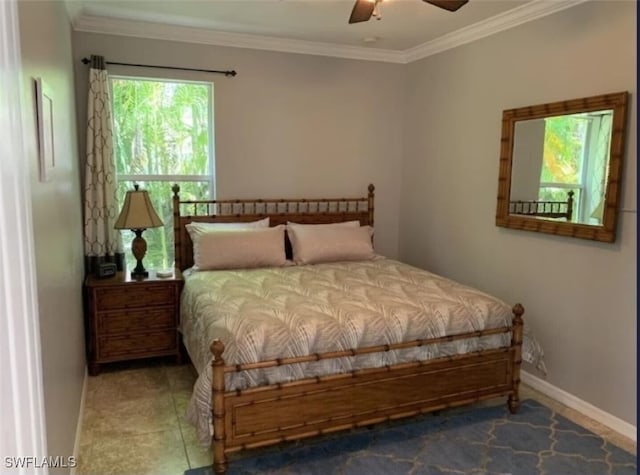 bedroom with tile patterned flooring, ceiling fan, and crown molding