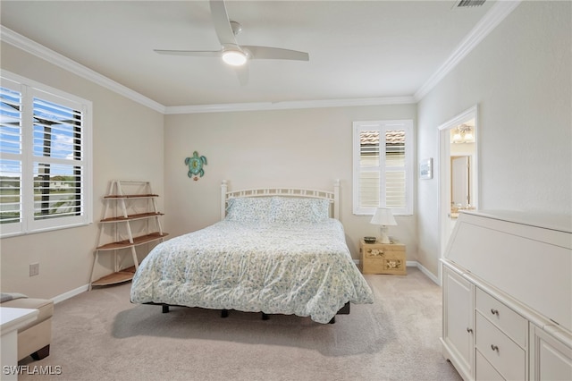 carpeted bedroom featuring ornamental molding, ceiling fan, and multiple windows