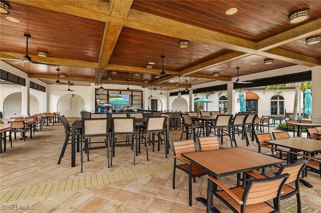 dining area with ceiling fan, wooden ceiling, and beam ceiling