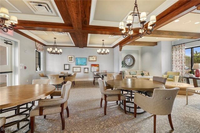 carpeted dining space with coffered ceiling, an inviting chandelier, crown molding, and beamed ceiling