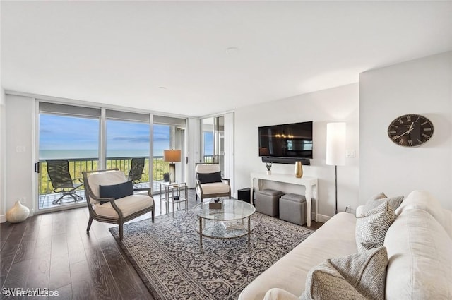 living room with dark hardwood / wood-style floors and floor to ceiling windows