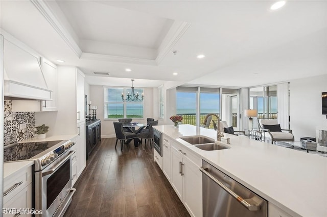 kitchen with appliances with stainless steel finishes, white cabinetry, a raised ceiling, and sink