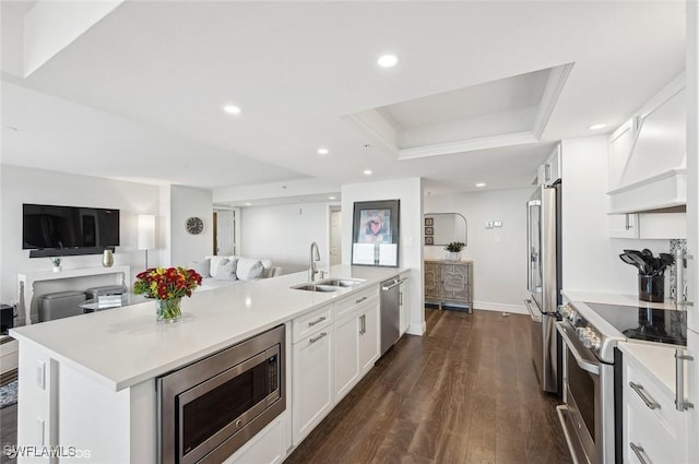 kitchen with white cabinetry, sink, a raised ceiling, a center island with sink, and appliances with stainless steel finishes