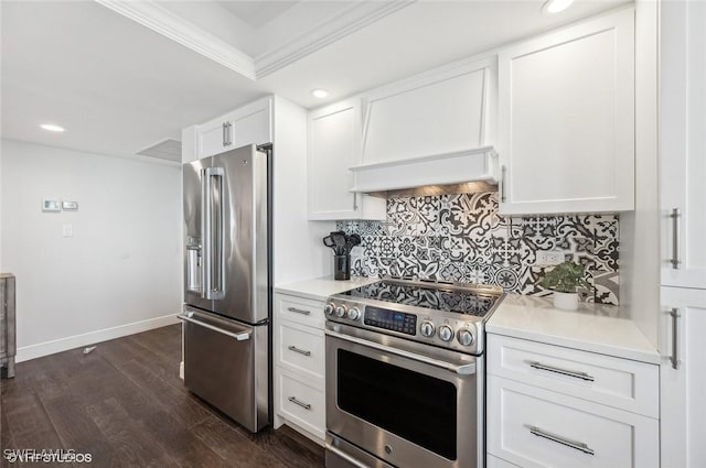 kitchen with custom exhaust hood, high end appliances, crown molding, dark hardwood / wood-style floors, and white cabinetry