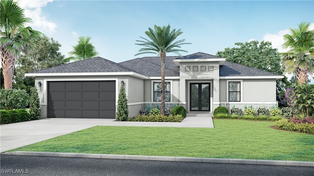 view of front facade with a garage, a front lawn, and french doors