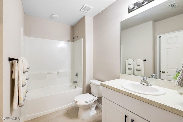 full bathroom featuring tile patterned flooring, vanity, bathing tub / shower combination, and toilet