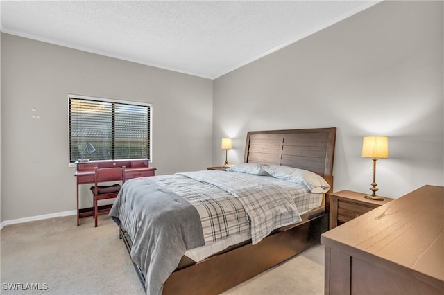 bedroom with light colored carpet, crown molding, a textured ceiling, and baseboards