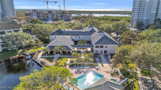 aerial view featuring a water view